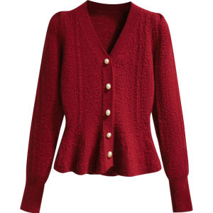 Christmas Red Knitted Sweater Thickened Winter Fashion Womens Top V-Neck Short Style Bright Thread Detail Commute Style