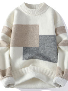 Thickened Fleece Knitted Sweater for Men Half High Collar Autumn Winter Warm Base Layer Shirt Youth Trendy Geometric Pattern