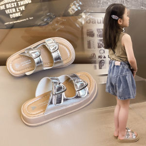 Girls Summer Soft Bottom Anti-Slip Sandals Metal Buckle Flat Sandals Indoor Outdoor Beach Shoes Children Students Slippers