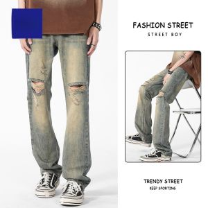 ROMON | Romon Mens Ripped Denim Jeans Summer Thin Loose Straight Leg Micro Flared Retro Trend Wear Resistant Ice Silk Casual Pants