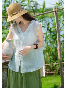 XIAOER | Áo Thun Linen Thiên Nhiên Cổ Đính Hoa Văn Thêu Không Tay V-Neck