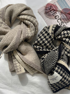 Winter Knitted Scarf Womens Fashion Plaid Cashmere Imitation Neck Warmer Trendy Couple Scarf Rectangular Thickened Korean Style