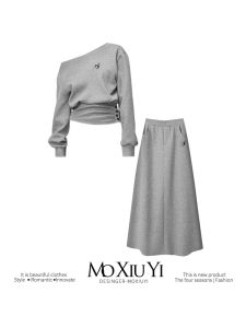 Gray Embroidered Slouchy Shoulder Set for Women Spring Fashion Two-Piece Suit Long Sleeve One-Shoulder Sweatshirt Maxi Dress