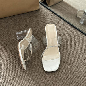 Fashionable Transparent Rhinestone Sandals High Heel Bunny Slippers for Women Summer New Arrival Crystal Fashion Slippers with Long Toe Ring