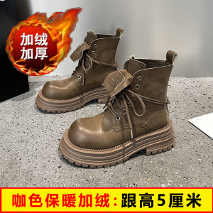 British Style Fleece Lined Genuine Leather Martin Boots Womens Autumn Winter Thick Heel Motorcycle Short Boots Tie Design