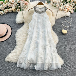 Váy Dạ Hội Cổ Treo Đính Đá Rhinestone Thanh Lịch Mùa Hè 2025 Váy Chữ a Cạp Cao Không Tay Màu Trơn Phong Cách Công Sở