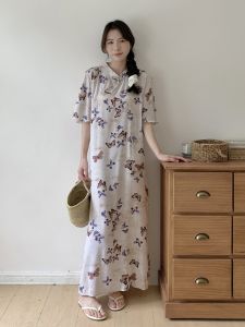 Long Sleeve Butterfly Print Cotton Silk Sleepwear for Women Summer Short Sleeve Traditional Chinese Style Qipao Sleep Dress Artificial Cotton Dress