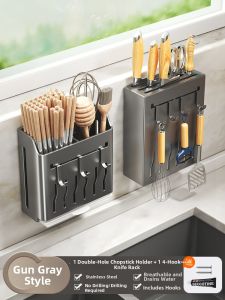 LOCIKA | Stainless Steel Knife and Chopsticks Storage Rack Wall Mountable