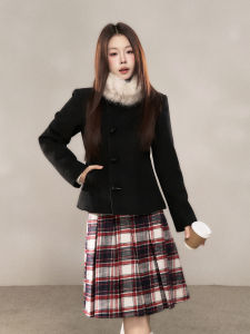 YIKEXIAOYEMEI | Áo Khoác Tweed Cổ Lông Phong Cách Hàn Quốc Mới cho Mùa Đông