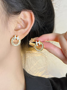 Fashionable Letter Micro-Set Zircon round Ring Earrings Womens Summer 2025 New Lightweight Luxury Small Audience Ear Studs