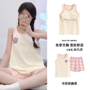 Summer Pure Cotton Sleepwear Womens Thin Vest with Chest Pad Can Be Worn outside Sweet Heart Strap Home Clothes Shorts Set