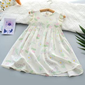 Váy Công Chúa Cotton Lụa Mùa Hè Cho Bé Gái Váy Đi Biển Hoa Tay Ngắn Phong Cách Hàn Quốc Váy Trẻ Em Chất Liệu Cotton Pha Trộn