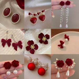 Tassel Bow Earrings Red Velvet Long Earrings High-end Pearl Earrings with Elegant Temperament