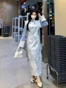 ชุดกี่เพ้าฤดูใบไม้ร่วง/ฤดูหนาว กระโปรงยาวทรงสลิมฟิต ชุดราตรีผู้หญิง ชุดกี่เพ้าจีนใหม่ ชุดราตรีแบบหนา ชุดราตรีสไตล์ชาติ