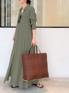 Casual Cotton Linen Long Skirt Loose Wide Sleeve Shirt Style A-Line Dress Ageless Vintage Spring Autumn Large Size Gown