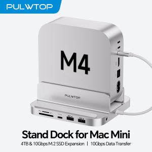 PULWTOP Mac Mini M4 Hub Stand with 4TB SSD Enclosure for Mac Mini M6 M5 Pro M4/M4 Pro with USB A/C 3.2 Audio Mic SD/TF