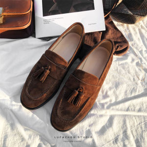 Handmade Leather Tassel Loafers Womens Fashion Single Shoes Chocolate Color Suede British Style Flat Heel round Toe Rubber Sole