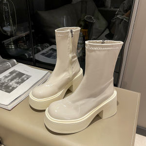 White High-Top Boots Womens 2024 New Autumn Painted Leather Long Boots Fashionable Thin High Heel Short Boots Korean Style