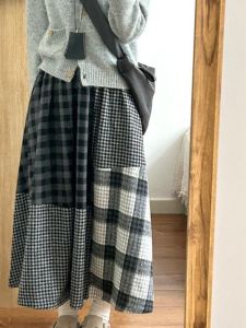 High Waist Plaid A-Line Midi Skirt Heavy Embellishment Irregular Design Woolen Elastic Waist Vintage Style Business Commute