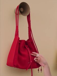 Doughnut-Shaped Drawstring Bucket Bag Genuine Leather