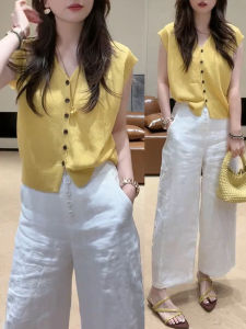 Shalldoer | Bộ đồ hai mảnh phong cách Hàn Quốc thường ngày cho nữ mùa hè 2025 thời trang cổ chữ V áo len dệt kim cạp cao quần ống rộng một nút