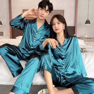 New 2025 Ice Silk Long Sleeve Sleepwear Set Couple Home Clothes Spring Autumn Style Men Summer Women Polyester Spandex Blend