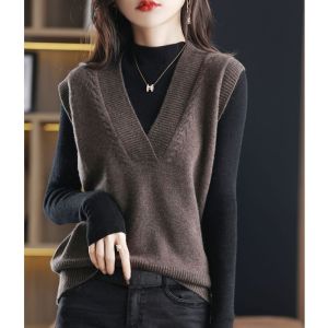 Womens Cashmere Sweater Vest Knitted Wool Sleeveless Overhead Trendy V-neck Commute Style Regular Length Solid Color