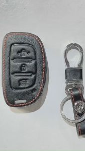 Bao da chìa khóa Hyundai i10 bản đủ Elantra Tucson màu đen chỉ đỏ tặng kèm móc
