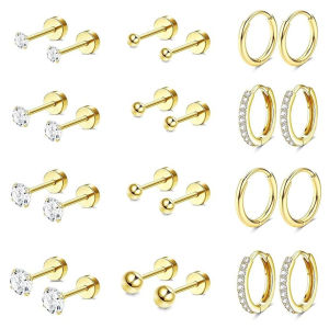12 Pairs Flat Back Earring StudTiny Stainless Steel Earrings Set for Multiple Piercing Cartilage Hoop Earrings