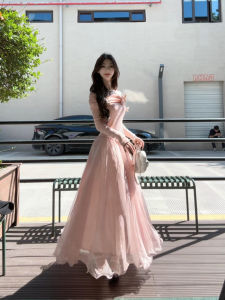 LIRUSHAN | Waist Cinching Pink Long Sleeves Off-Shoulder Maxi Dress Set