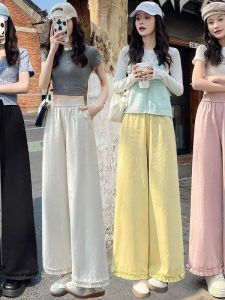 Casual High Waist Straight Leg Cotton Blend Pleated Wide Leg Pants Womens Summer New Style Slimming Loose Fit Workwear Trousers