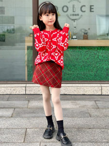Girl Retro Woolen Red Cell Pattern Skirt 6 Spring & Fall New Arrival Little Girl Fashion High Waist A- line Hip-Wrapped Skirt Fashion