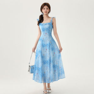 Impression Fashion Store Women Elegant Square Neck Sleeveless Floral High Waist Slim A-line Midi Pleated Dress