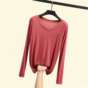 Womens Modal V-Neck Long Sleeve Thin Base Shirt Spring Autumn Solid Color plus Size Inner Wear Versatile Simple Design T-Shirt