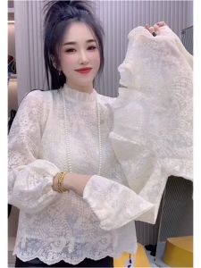 Fashionable Lace Shirt Womens Loose Fit Floral Embroidery Half High Collar Spring Autumn French Style Slimming Top