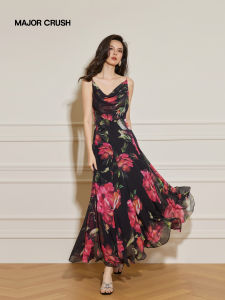 Summer Beach Vacation Style Ink Base Rose Halter Dress