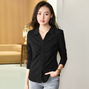 Womens Long Sleeved Polo Collar T-shirt Casual Solid color Loose Top 95% Cotton