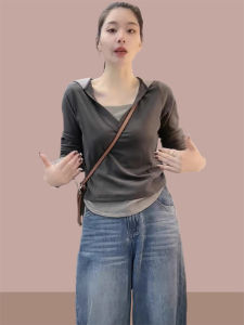 Stylish Slenderizing Hooded Two-Piece Illusion Long Sleeve T-Shirt