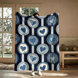 Potdemiel | Blue Striped Heart TilesFlannel Blanket Warm Soft Halloween Christmas Couch Warm Cozy Decorative Decor Gift for All Season