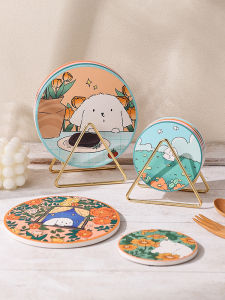 Cute Ceramic Dining Mat Japanese Style Heat Resistant Pad round Shape Cartoon Element Home Use Tableware Dish Pot Heat Insulation