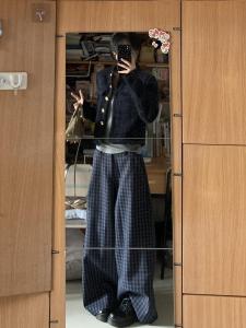 Gray Plaid Wide Leg Pants Womens Spring Autumn High Waist Loose Slim Straight Casual Floor-Length Trousers Retro American Style