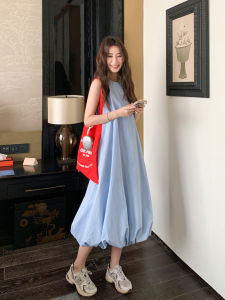 Blue Sweet Style Sleeveless Puffy Skirt Dress Womens Slimming Summer New Gentle Wind Long Dress Korean Style A-Line Skirt