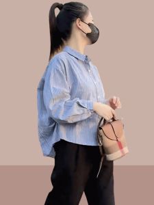 Womens Striped Pure Cotton Blue Shirt Spring Autumn Loose Long Sleeve Polo Shirt Korean Style Commute Fashion Small Size Short Style