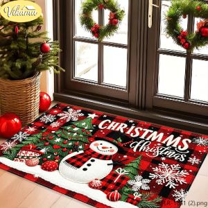VIKAMA Buffalo Check Snowman Christmas Rug Red and Black Checkered Snowman Christmas Tree Non-Slip Entryway Mat Home Decor