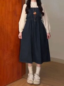 Fall and Winter K-style Preppy Style Retro Long Denim Brace Dress Womens Bandage Dress Long Sleeves Shirt Trendy Two-piece Set Clothes