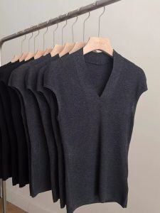 Slim Fit V-Neck Ice Silk Knitted Vest Top Womens Fashion Summer T-Shirt Small Flying Sleeve Trendy Commute Style Pure Color