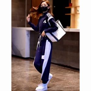 AXDX Womens Sportswear Set Casual Knitted Loose Two-Piece Suite Color Block Design Spring Autumn New Arrival Fashionable