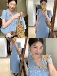 Korean-style V-neck Polyester Fiber Dress for Women Loose Fit Long Sleeve Short Sleeve Waist-length Casual Dress