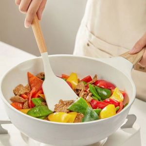 ladle/spatula silicone White Silicone Kitchenware Cooking Tool Utensils Set with Wooden Multifunction Handle Non-Stick Spatula Ladle Beaters