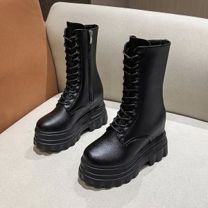 Giày Bốt Martin Tăng Chiều Cao Trong Suốt Mùa Xuân Thu Phong Cách Anh Cho Nữ Giày Bốt Xe Máy Cổ Ngắn Mũi Tròn